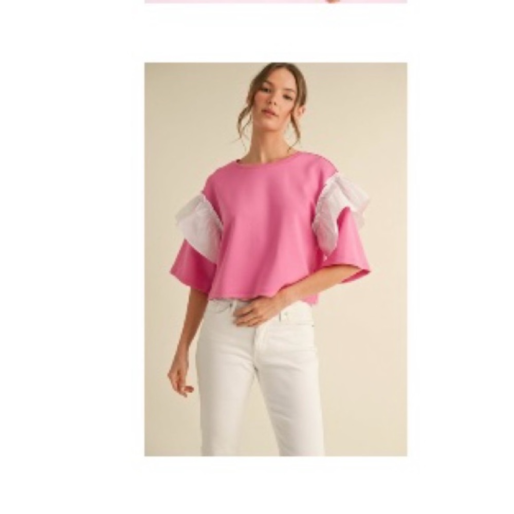 JODIFL Pink Ruffled Flutter Sleeve Blouse